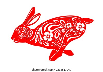 New Year Horoscope Red Rabbits Mascot Decoration With Flowers. Vector Hand Drawn Illustration Isolated On White Background