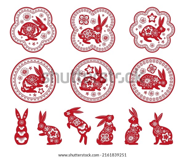 New Year horoscope red rabbits\
mascots with flowers. Oriental red paper cut rabbits, ornamental\
bunny stamps vector symbols illustrations set. Asian zodiac\
rabbits