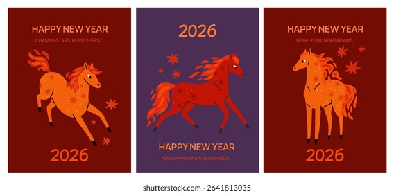 New year horses cards. Flamed mustang animals, horoscope symbol, stallions with fiery manes and tails, 2026, running red steeds, traditional Chinese mammal, garish vector cartoon set