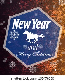 The New Year Horse.Vintage retro vector Christmas card