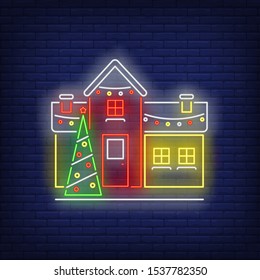 New Year house neon sign. Glowing neon fir trees, garlands, building. New year, Christmas, winter. Vector illustration in neon style for greeting card, invitation, announcement