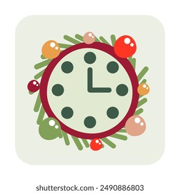 Icono de Año Nuevo con el reloj y decoraciones de Año Nuevo. Estilo plano. Ilustración vectorial.