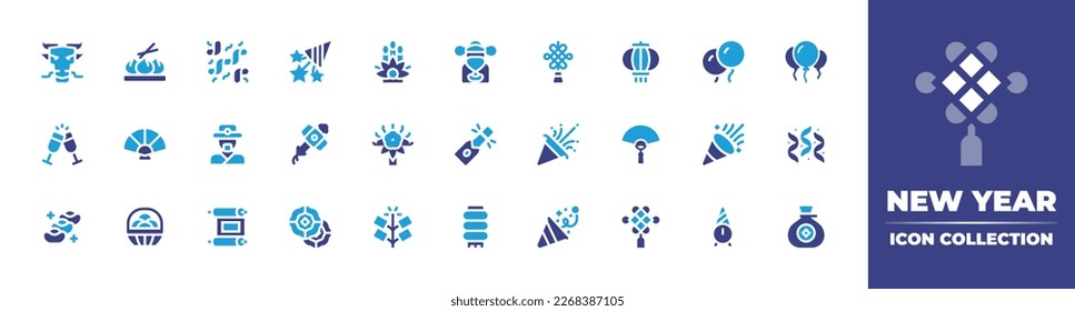 New year icon collection. Duotone color. Vector illustration. Containing dragon, dimsum, confetti, kadomatsu, god of wealth, amulet, chinese lantern, balloon, champagne, fan, lucky charm, kumade.