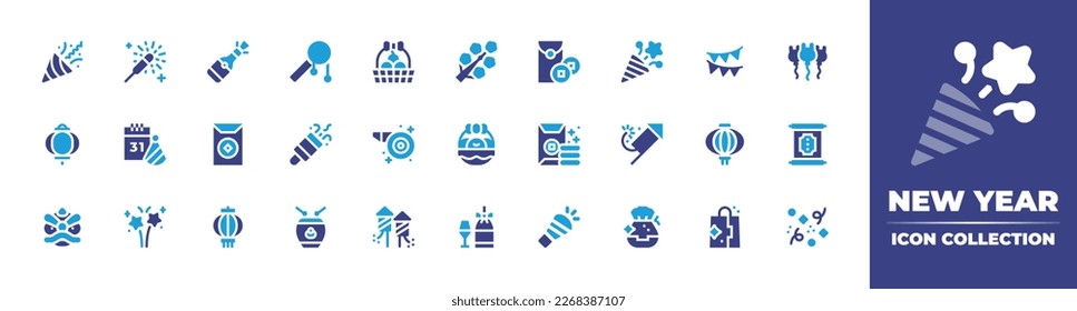 New year icon collection. Duotone color. Vector illustration. Containing party, sparkler, champagne, chinese new year adornment, fruit, plum, red envelope, confetti, flags, balloons, lantern.