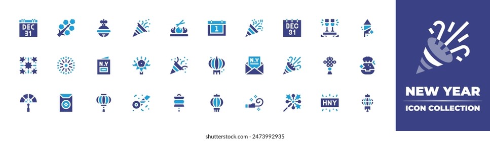 New Year icon collection. Duotone color. Vector illustration. Containing chineseknot, fireworks, chineselantern, happynewyear, lantern, partypopper, kumade, greetingcard, invitation, confetti.