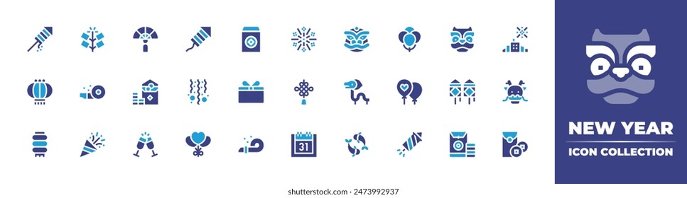 New Year icon collection. Duotone color. Vector illustration. Containing lantern, champagne, chineseknot, newyear, confetti, balloons, partyblower, gift, carps, redenvelope, rocket, chineselantern.