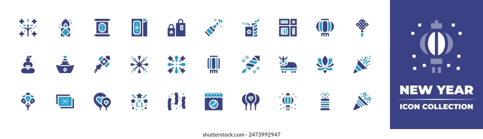 New Year icon collection. Duotone color. Vector illustration. Containing lantern, fireworks, lotusflower, confetti, kagamimochi, luckycharm, paperlantern, photo, firecracker, balloons.