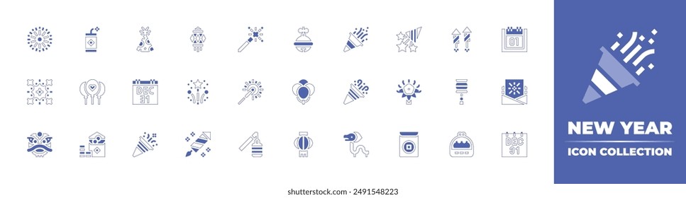 New Year icon collection. Duotone style line stroke and bold. Vector illustration. Containing confetti, fireworks, lion, december, lantern, balloons, sparkler, balloon, chineselantern, bonus.