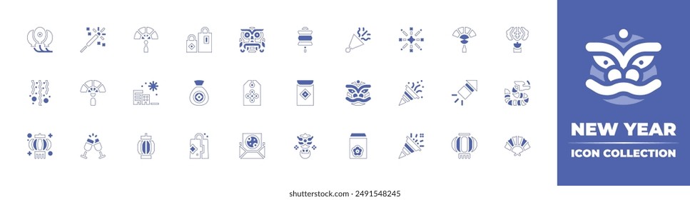 New Year icon collection. Duotone style line stroke and bold. Vector illustration. Containing chinese, gift, lantern, redenvelope, balloon, firework, dragon, confetti, fan, giftbag, sparkler.