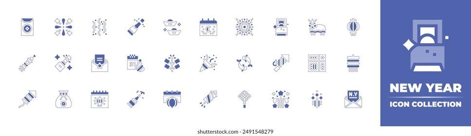 New Year icon collection. Duotone style line stroke and bold. Vector illustration. Containing newyear, newyearcard, chinesenewyear, rocket, uncork, confetti, firecracker, moneybag, champagne.