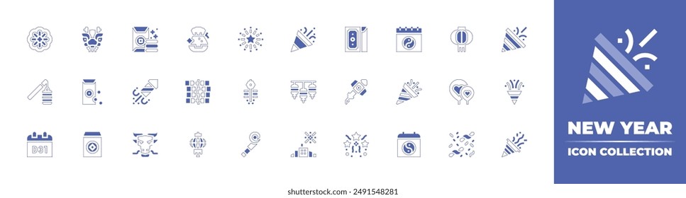 New Year icon collection. Duotone style line stroke and bold. Vector illustration. Containing dragon, fireworks, lantern, noisemaker, redenvelope, chineselantern, december, coin, firecracker.