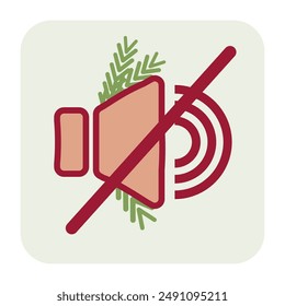 New Year icon with crossed out sound speaker and New Year decorations. Flat style. Vector illustration.