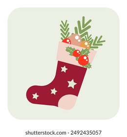 New Year icon with gifts in a sock with New Year tree decorations. Flat style. Vector illustration.