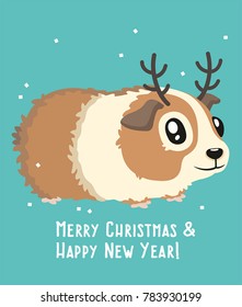 New Year Icon guinea pig with reindeer horns. Christmas Pet beige and red color.