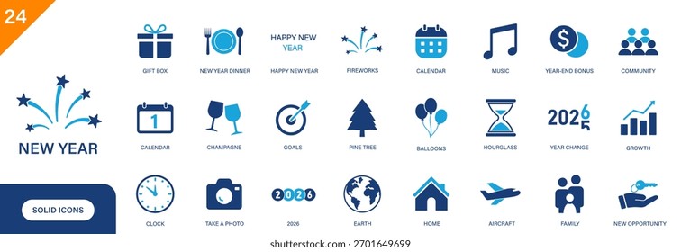 Icono de Año Nuevo. Incluye cambio de año, globos, calendario, fuegos artificiales, familia. Conjunto de iconos de Vector sólido.