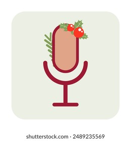 New Year icon with microphone and New Year decorations. Flat style. Vector illustration.