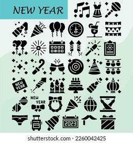 new year icon pack for download filled flat bells fire work