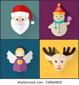 new year icon pack included christmas snowman, angel, santa, deer. Flat Design Style