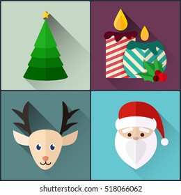 new year icon pack included christmas tree, candles, santa, deer. Flat Design Style