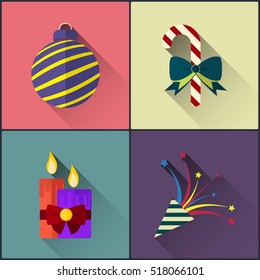 new year icon pack included christmas ball, candy, candles and slapstick. Flat Design Style