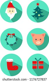 New year icon: pig, christmas tree, Santa Claus, christmas socks, gift, wreath. Hand drawn vector illustration. Flat design. Chinese zodiac sign of pig, Happy New Year 2019. 