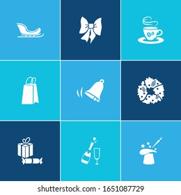 New year icon set and champagne with gifts, bell and festive bow. Garland related new year icon vector for web UI logo design.