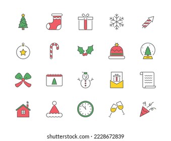 New Year icon set. Christmas cute elements for design. Pixel Perfect. Vector illustration concept