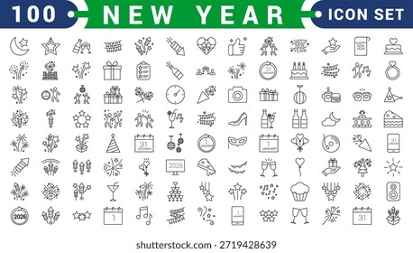 Symbol für das neue Jahr. Enthaltend Feuerwerk, Feier, Party, Tanz, Vorsätze, Countdown, 1. Januar, Wünsche und mehr. Kollektion von Vektorgrafik-Volumenkörpersymbolen