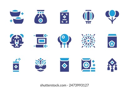 New Year icon set. Duotone color. Vector illustration. Containing chinesenewyearcard, greetingcard, redenvelope, fireworks, balloon, balloons, tiger, scroll, ingot, knot, lantern, dragon, moneybag.