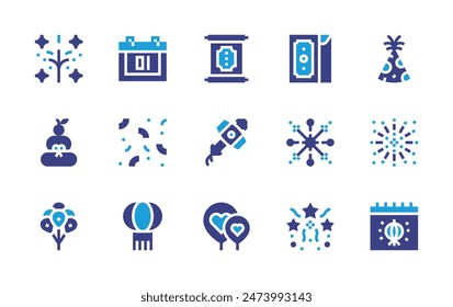 New Year icon set. Duotone color. Vector illustration. Containing fireworks, confetti, chinesenewyear, lantern, kagamimochi, luckycharm, partyhat, balloons, birthdayandparty, calendar, redenvelope.