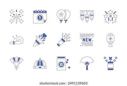 New Year icon set. Duotone style line stroke and bold. Vector illustration. Containing newyear, fan, confetti, chinesehat, partyblower, firecracker, redenvelope, chineselantern.