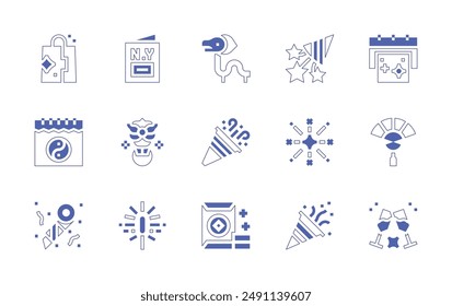 New Year icon set. Duotone style line stroke and bold. Vector illustration. Containing fireworks, newyear, shoppingbag, confetti, liondance, greetingcard, fan, calendar, dragon.