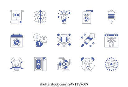 New Year icon set. Duotone style line stroke and bold. Vector illustration. Containing lantern, scroll, chinesenewyear, countdown, firecracker, party, omamori, december, fireworks.