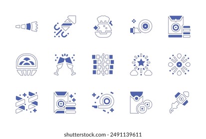 New Year icon set. Duotone style line stroke and bold. Vector illustration. Containing toast, moneybag, horn, basket, fireworks, redenvelope, noisemaker, firecracker.