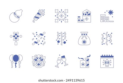 New Year icon set. Duotone style line stroke and bold. Vector illustration. Containing fireworks, chinesenewyear, toast, confetti, firework, lion, bonus, moneybag, firecrackers.