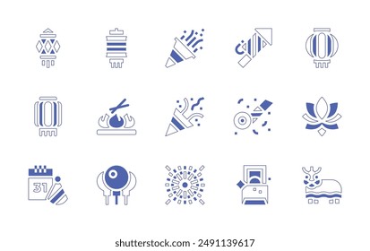 New Year icon set. Duotone style line stroke and bold. Vector illustration. Containing newyear, lantern, dimsum, confetti, paperlantern, fireworks, balloon, noisemaker, money.