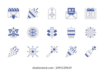 New Year icon set. Duotone style line stroke and bold. Vector illustration. Containing chinesesymbol, liondance, fireworks, chinese, confetti, goat, party, sparkler, firecracker.