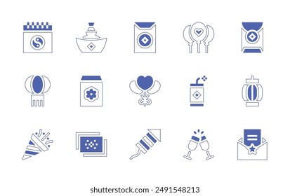 New Year icon set. Duotone style line stroke and bold. Vector illustration. Containing champagne, rocket, lantern, balloons, photo, confetti, calendar, redenvelope, sycee, firecracker.