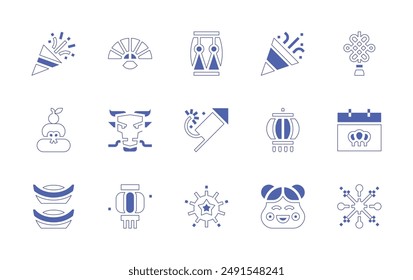 New Year icon set. Duotone style line stroke and bold. Vector illustration. Containing amulet, fan, dragon, lantern, fireworks, celebration, chinesemask, calendar, drum.