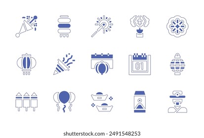 New Year icon set. Duotone style line stroke and bold. Vector illustration. Containing chineselantern, confetti, chinesenewyear, partypopper, lettuce, calendar, sparkler.