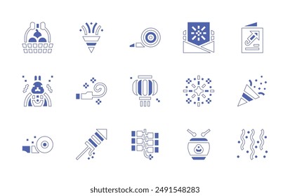 New Year icon set. Duotone style line stroke and bold. Vector illustration. Containing chineselantern, newyearcard, chinesenewyear, fireworks, fruit, confetti, blower, partyblower.