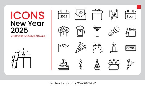New year icon set, editable stroke, high quality vector , line icon eps 10