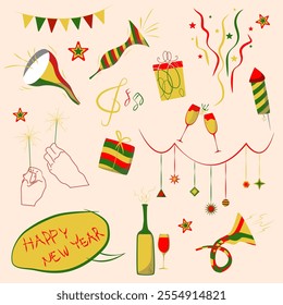 new year icon set, flat design, colorful