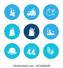 Juego de iconos de año nuevo y bolsa de papel regalo con saco de regalo, existencias de Navidad y cuenta regresiva de año nuevo. Icono de año nuevo relacionado con la sorpresa vectorial para el diseño del logotipo de la interfaz de usuario web.