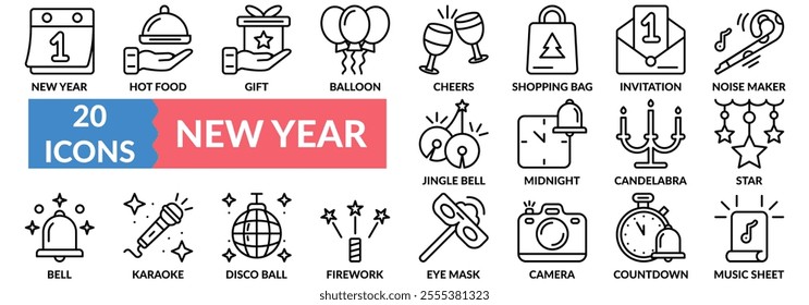 NEW YEAR icon set with gift, balloon, cheers, jingle bell, midnight, star, firework, countdown