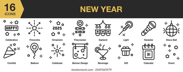 Conjunto de iconos de Año Nuevo. Incluye celebración, fuegos artificiales, confeti, Anuncio, guirnalda, regalo y más. Colección de Vector de iconos de contorno.