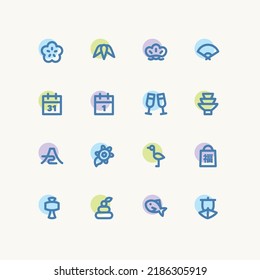 New year icon set, Japanese traditional lucky items, Minimal linear vector icons.