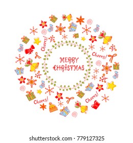 New Year Icon Set with Merry Christmas Text and Christmas Bells, Snowflakes, Stars and Winter Holiday Presents on White Background. Colorful Vector Illustration