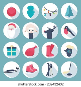 New Year icon set on round buttons with ornaments, lights, a Christmas tree, Santa, sheep, deer, robin, gift, sack, stockings, mittens, toboggan, ice skates, skis and ice hockey