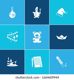 New year icon set and santa hat with petard, wish list and teddy bear. Paper figure related new year icon vector for web UI logo design.